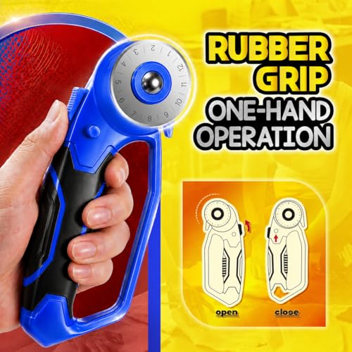 DIYSELF 45mm Rotary Cutter for Fabric, Fabric Cutter Rotary Tool, 5 Blades | Roller Cutter for Fabric with Ergonomic Handle, Safety Lock and Quick-Change Blades for Quilting, Sewing, Paper and Leather - color: Blue