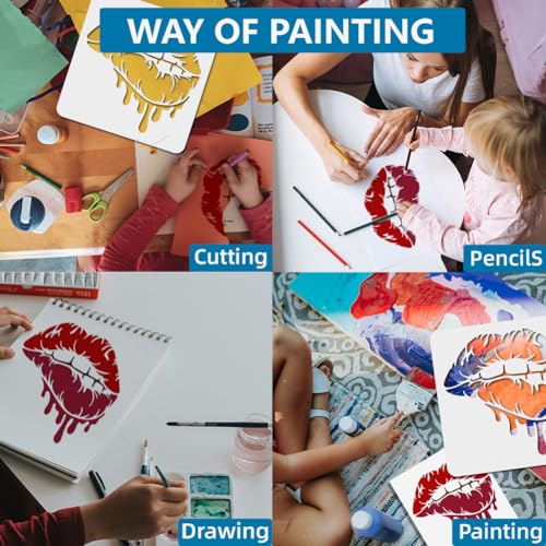 MAYJOYDIY Lips Stencil - 4 Sizes, 6-12inch Kiss & Bleeding Lips, Paint Brush Included for Furniture, Wood, Canvas, Paper, Wall - color: 4 Sizes Lips