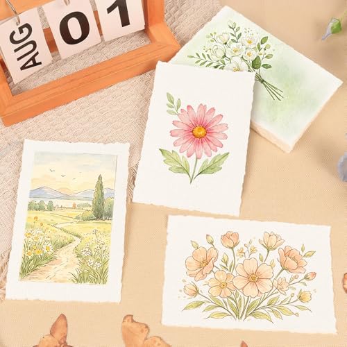50 Sheets Deckled Edge Handmade Paper, 4” x 6” Rough Textured Watercolor Paper, 160 GSM, White, Cotton, Ideal for Wedding Birthday Invitations Greeting Cards DIY Crafts - color: 50 Sheets