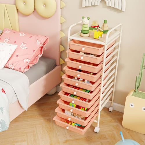 RELAX4LIFE 10 Drawer Rolling Cart - Slim Storage Cart w/Lockable Wheels for Classroom School Teacher Office, Art Supplies Paper Scrapbook Craft Organizers, Utility Cart with Drawers (Peach Pink) - color: Peach Pink, size: 34''H