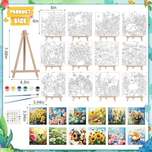 Tenceur 12 Sets Pre Drawn Canvas to Paint Adult Stretched Coloring Painting Canvas Panels with Design Easel and Brushes for Party Supplies Beginner Favor(Garden) - style: Garden