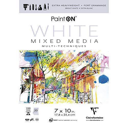 Clairefontaine - Ref 975481C - Paint'ON Mixed Media White Glued Pad (20 Sheets) - 17.8 x 25.4cm (7 x 10in), 250gsm Heavyweight Paper, Acid Free (USA Version) - color: White, size: 7 x 10 inches