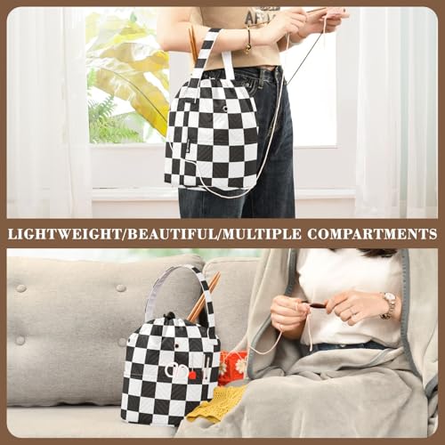 Checkered Black Yarn Bag Small Crochet Bag Drawstring Yarn Storage Organizer Knitting Project Bags Potable Yarn Holder with Holes Handle Crocheting Needles Knitting Accessories - color: Checkered Black