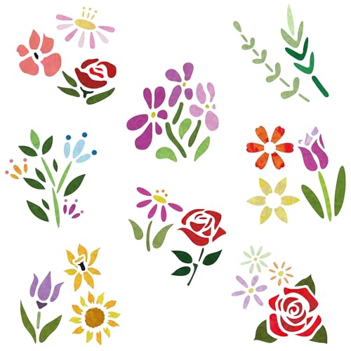 NAKLEO Painting Stencils for Kids, 8 Pcs Set 6x6” Flowers, Children Creative Drawing Templates Plastic and Reusable, DIY Decoration Arts and Crafts, Paper Wall Wood Fabric | Creative Drawing Stencils, Plastic Reusable Painting Stencil DIY Crafts, Paper Wa