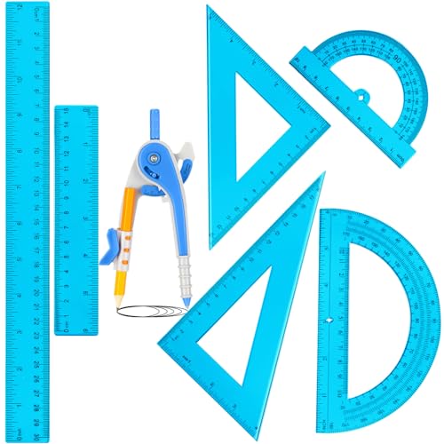 Zonon 1 Set Plastic Geometry Math Set 7 Pcs Includes 6'' / 4 '' Protractor, Drawing Compass, 45/60 Degree Triangle Rulers, 12'' / 6'' Math Ruler Transparent for Office Supplies(Blue) - color: Blue