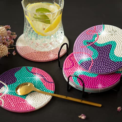 Temlum 6pcs Diamond Art Coasters Kits for Adults with Holder, Lines - color: Abstract Line Coasters With Holder