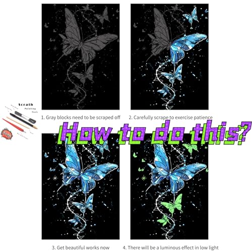 DESINIK Scratch Painting Art Paper Scratch Art for Adults Creative DIY Art Craft Gift Scratch Rainbow Painting Luminous Paper Set with 4 Tools 11.7''x8.3''(Whale&Butterfly) - color: Whale&Butterfly