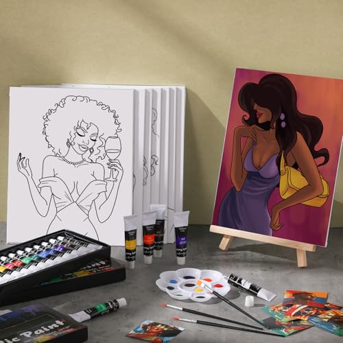 Cholemy 36 Pcs Paint and Sip Kit Gift for Adults 8''x10'',Charming Lady | Pre Drawn Canvas, Painting DIY Afro Acrylic Painting Kit, Wood Easel Brushes, Date Night Bulk, Summer Halloween Party - style: Charming Lady