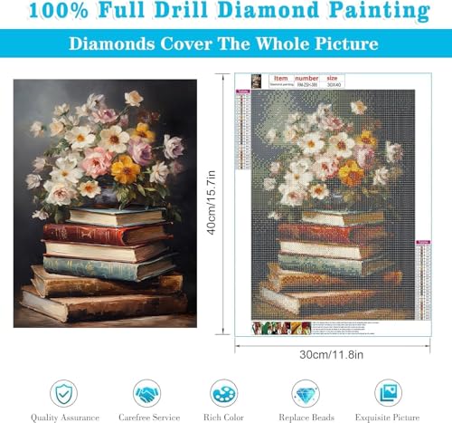 RYMILIE Diamond Art Kits for Adults Vintage Flowers and Books 12x16inch | 5D Stress Relief Diamond Painting Kit for Beginners, DIY Full Round Drill Gem Art Crafts for Home Wall Decor Gift - color: rm-ZSH-385