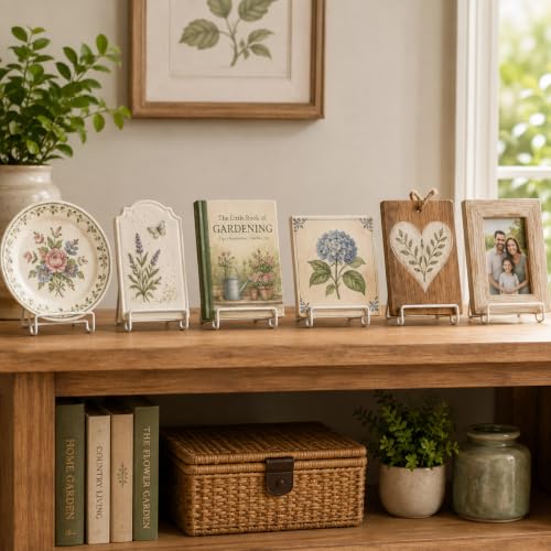 BANBERRY DESIGNS White Wire Easel Display Stand Set of 6 - 3 Inch Metal Plate Stands for Small Plates, Picture Frames, Photos, Artwork, Tiles, Collectibles, Books, Signs & Display Cards