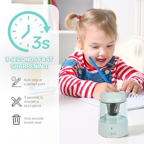 Electric Pencil Sharpener, Rechargeable Auto-Stop for 6-8mm,3 Modes | Fast Sharpen in 3s, Battery Powered, Heavy Duty Blade, Suitable for No.2(6-8mm), School/Home/Office - color: Green