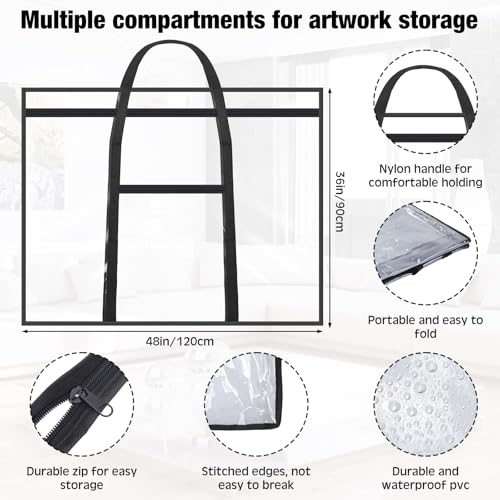 Huhumy Large Art Portfolio Case 48" x 36" Poster Storage Bag Bulletin Board Holder Container PVC Folder with Zipper Handles Pocket for Teachers Artist Artwork Organization(Black,Clear) - color: Black, style: Clear