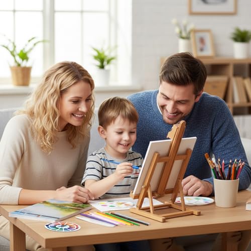 Kids Tabletop Easel Set, Portable Art Easel Painting Kits | 52 Pcs Wooden Easel for Painting Canvases, Including 12 Colors Acrylic Paints, 10 Paintbrushes and 4 Canvas Panels, Yellow - color: Yellow