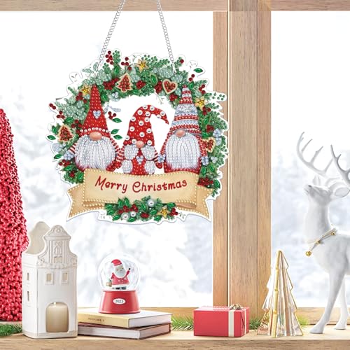 Bowetile Christmas Wreath Hanging Diamond Art Painting Kits for Adults, 5D Special Shape Diamond Art Kits Gnomes, Crystal Gem Painting Arts and Crafts for Adults for Home Garden Decor - color: Gnomes