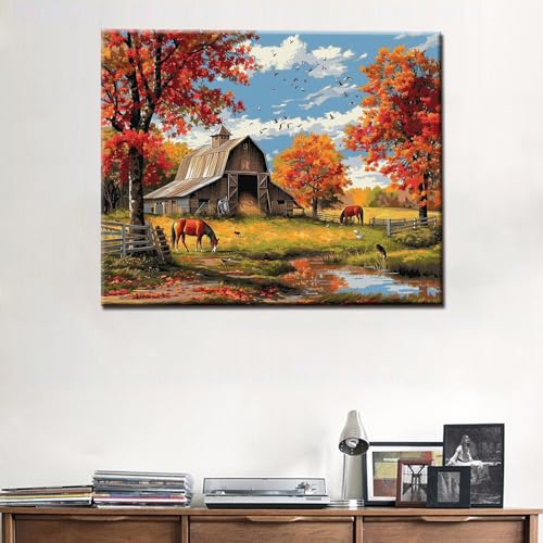 Autumn Farm Scenery Paint by Numbers Kits 16x20 inch Canvas Farm Barn Horse Landscape DIY Oil Painting for Adults Beginner with Brushes and Acrylic Pigment-Nature Fall Scenery Photo Gift(Frameless) - color: Nature Scenery 02, size: 16''x20''(Frameless)