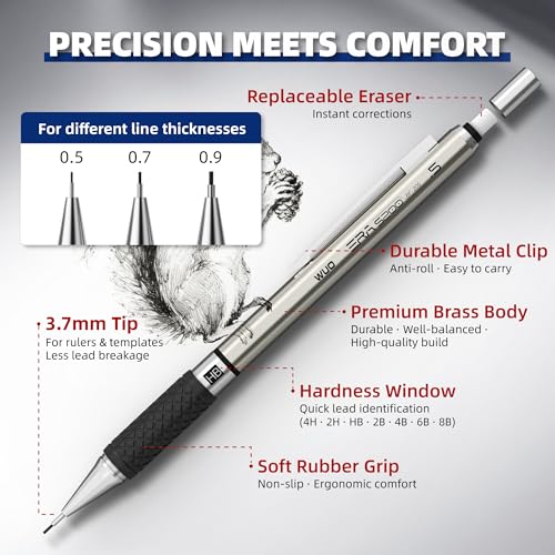 WUO 36PCS Art Mechanical Pencil Set with Storage Case, Metal Drawing Pencil - color: Black+Silver1 - 3 Sizes + 2.0mm