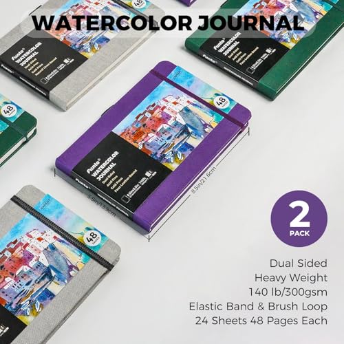 Funto Watercolor Journal, 8.5x5.5, 2 Pack, 48 Pages Each, Purple Leather Cover, Cold-Pressed, Inner Paper Pocket, Art Supplies for Mixed Media - color: Purple-Leather-8.5 x 5.5