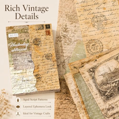 160 Sheets Vintage Scrapbook Paper Pack, Lightweight Decorative Paper Unique Designs, Junk Journal Supplies for Scrapbooking, Journaling, Decoupage, Collage, Card Making and DIY Crafts