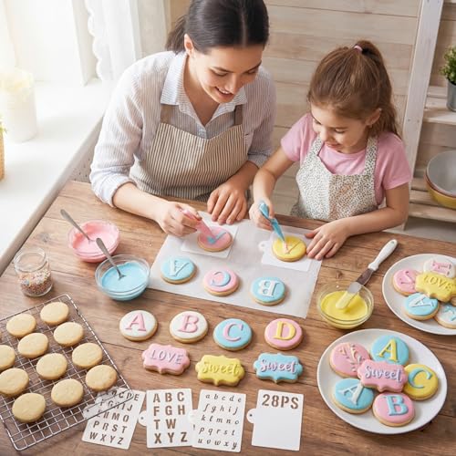 28PCS Alphabet Number Stencils for Baking, Reusable PET Letter Symbols Drawing Templates, DIY Decorating Stencils for Cookie, Wood, Canvas, Wall, Scrapbook, Journal, Gift Card (5.5x5.5Inch)