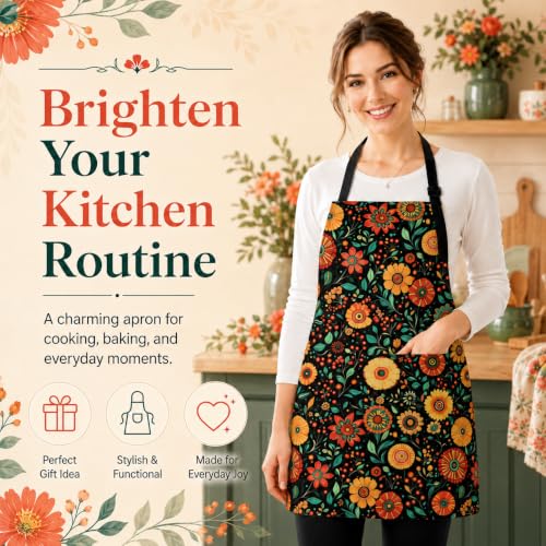 Flowers Apron with 2 Pockets Adjustable Stain Resistant Kitchen Cooking Apron for Baking BBQ Grilling Grilling Painting Gardening - color: Flowers