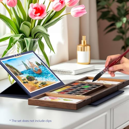 Watercolor Paint Set 24 Vibrant Colors with Walnut Wood Palette,Adjustable Angles Artificial Leather Sheath Portable Travel Watercolor Palette Set for Artist - color: Blue