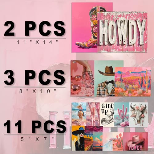 Aroutde Pink Cowgirl Wall Decor, Aesthetic Western Canvas Wall Art for Preppy Pink Room Decor, Retro Coquette Pictures, 16Pcs (Unframed) - color: Cow Girl B
