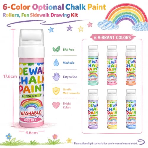 12 Pcs Roller Sidewalk Chalk Paint Set, Washable Powdered Chalk Mix in Water with Foam Rollers, Outdoor Art Graffiti Kit for Driveway, Playground and Sidewalk Paint (6 Colors)