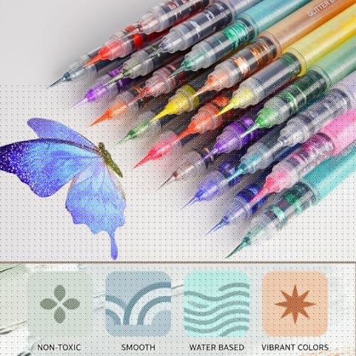 ROSYMENG 12 Colors Glitter Paint Pens, Extra Fine 0.05mm Metallic Brush Pen | Water‑Based, Smooth Ink Flow, Great for Adults DIY Crafts, Greeting Cards, Journaling, Drawing, Scrapbooks -Style B - color: 12 Colors (Style B)
