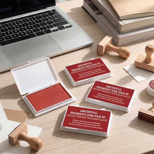 MotiMind 4 Pcs Archival Pigment Waterproof Ink Pad for Stamps, Red | Pigment Stamp Pads for Card Making Scrapbooking, Archival Acid-free Quality, 3.7x2.5 Inch, Works on Paper Glass - color: Red