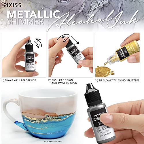 Metallic Alcohol Ink Set, Gold, Silver, Gunmetal, Copper, Pearl, Metallic Mixatives with Extreme Shimmer for Alcohol Ink Paper, Large 0.5 Ounce Inks - color: Metallics