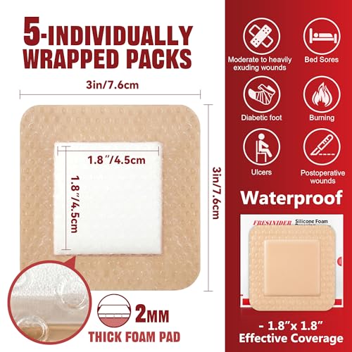 FRESINIDER Silicone Foam Dressing with Adhesive Border – Wound Dressing Bandage – Silicone Foam Pad – Pack of 5 – 3 x 3 Inches Large Waterproof Bandages – Self Adhesive Wound Care and Dressings - size: 3" x 3", 5pack