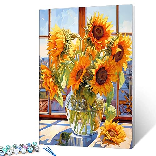 Tucocoo Sunflowers DIY Paint by Numbers for Adults Flowers in Glass Vase DIY Oil Painting Acrylic Paint Art Painting Kits Canvas with Acrylic Paint Floral Art 16x20 Inch (Without Frame ) - color: Flower in Vase 06, size: 16''x20''(Frameless)