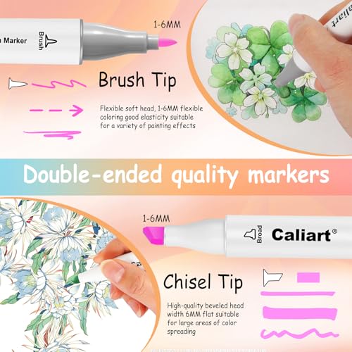 Caliart 100 Colors Pastel Alcohol Markers Brush Tip & Chisel Art Markers - style: Chisel & Brush