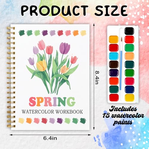 12 Patterns Spring Watercolor Book, DIY Floral Painting Workbook for Beginners, Relaxing Art Gift for Women and Adults, Stress Relief Water Coloring Activities, Spring Theme Paint Set - color: Green-Spring