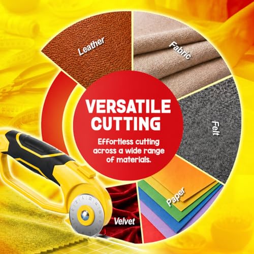 DIYSELF 45mm Rotary Cutter for Fabric, Fabric Cutter Rotary Tool, 5 Blades | Roller Cutter for Fabric with Ergonomic Handle, Safety Lock and Quick-Change Blades for Quilting, Sewing, Paper and Leather - color: Yellow