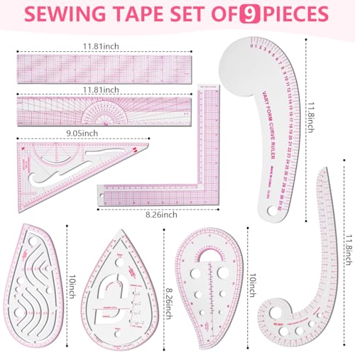 KISEER 9 Pcs Clear Metric Sewing Ruler Set French Curve Pattern Making Ruler Kit for Knitting Tailors Crafting Dress Designers Sewing Beginner Supplies (9 Pcs - A) - size: 9 Pcs - A