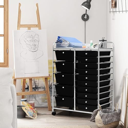 15 Drawer Rolling Storage Cart, Rolling Cart with Drawers for Classroom, Art Supply Craft Organizer on Wheel with Metal Frame & Handles for Home Office School - color: Black, size: 15 Drawer
