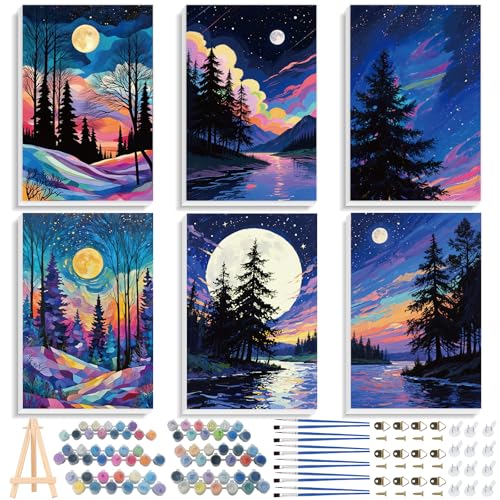 EggSun 6 Pack Framed Paint by Numbers Kit for Adults,Beginners with Wooden Easel,DIY Acrylic Oil Painting Paint by Numbers Kits on Canvas for Home Decor(Moon Mountain Lake Landscape,8x12Inch) - style: Moon Mountain Lake Landscape