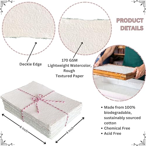Bitskit 170 GSM Handmade Cotton Deckle Edge Paper – Lightweight, Textured Sheets for Invitations, Stationery, Journals, and Art Projects (Pack of 50) (4 x 6 inch) - size: 4 x 6 inch