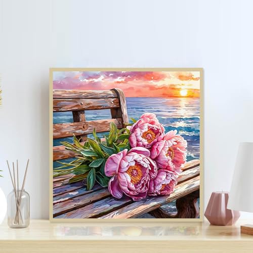 Accompany Wind Flowers Diamond Art Kits for Adults, 5D Seaside Scenery Diamond Painting Kits for Beginners,DIY Round Full Drill Diamonds Gem Art Crafts for Home Wall Decor Gifts 14x14 Inch - color: Seaside chair flowers