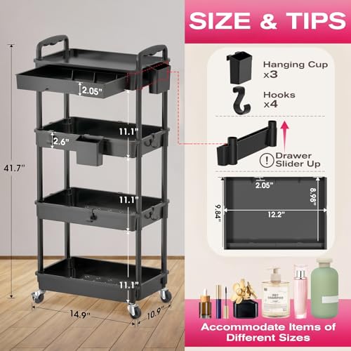 Goovilla Rolling Makeup Organizer Cart with Removable Drawer, 4 Tier Black | Stable Floor Skincare Storage Cart for Vanity, Cosmetic Display, Nail Polish, Perfume, Hair Stuff, Beauty, Bathroom(Plastic) - color: Black, size: 4 Tier