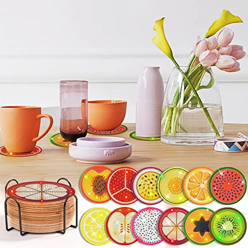 Billbotk 12 Pieces Diamond Art Painting Coasters Kit with Holder, Diamond Art Coasters, DIY Diamond Crafts Projects, Diamond Dot Kits for Adults and Beginners(Fruit Style)