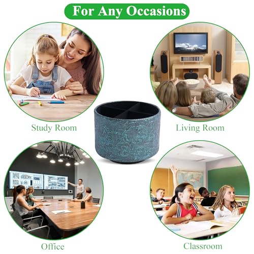 Round Leather Art Supply Organizer,Remote Control Holder,360 Degree Spinning,Multi-Functional Pencil Holder,4 Compartments Desktop Stationary Organizer(1-Carved Metal Green3) - color: 1-Carved Metal Green3