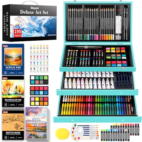 iBayam 195-Pack Deluxe Art Kit – Painting & Drawing Set for Adults | 195-pc all-in-one art set with acrylics, canvases, crayons & pads in a wooden case. Non-toxic & perfect for adult artists - color: Teal
