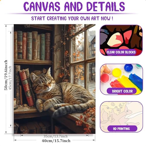 Clendo Sleeping Cat Paint by Numbers Kit for Adults - Bookshelf Paint by Numbers for Adults Beginner, DIY Acrylic EasyPainting by Number on Canvas Home Wall Decor 16”W x 20”L - color: MT20975