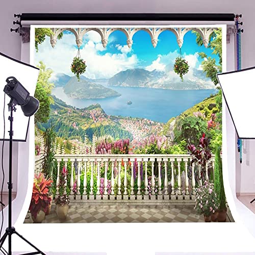 AOFOTO 10x10ft Retro Garden Terrace Backdrop Beautiful Balcony Scenery Photography Background Vintage Archway Landscape Girl Bride Portrait Seascape Romantic Wedding Photo Studio Props Vinyl Wallpaper - size: 10x10ft
