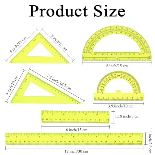 Plastic Clear Ruler Math Set, 6" | 12" Straight Ruler Protractor, 2 Protractors 180 Degree 2 Triangle Rulers 45 | 60 Degree 2 Straight Rulers Measuring Tool for School Office Home Supplie, Yellow - color: Yellow
