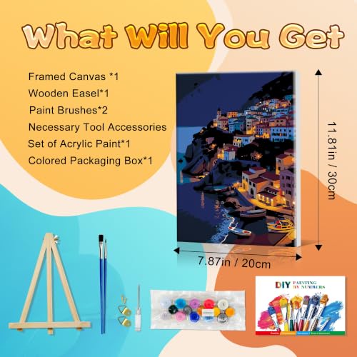 SmartEZ Framed Paint by Numbers Kit for Adults Landscape, Paint by Numbers | Paint by Number with Easel, Adult Paint by Number Kits with Frame for Gife, Home Wall Decor, 7.87x11.81 Inch - color: Seaside Towm 011