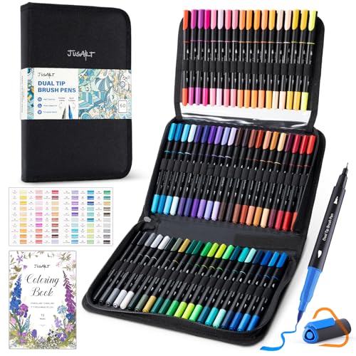 JusArt White Gel Pens + Water Based Coloring Markers 60 Colors