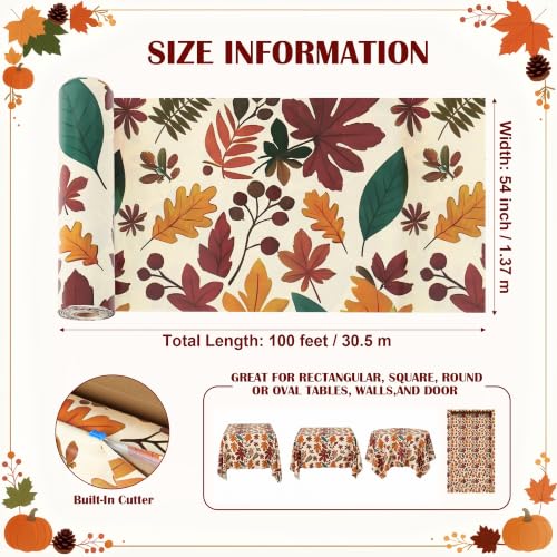 100FT x 54IN Thanksgiving Plastic Tablecloth Roll with Slide Cutter Box | Heavy Duty Disposable Fall Maple Leaf Table Cover Wall Backdrop, Harvest Pumpkin Table Cloth for Autumn Event Party Supplies - color: Brown Leaves, size: 1200" x 54" (Rectangular)